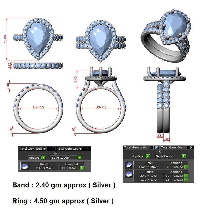 CAD report for the pear halo bridal set